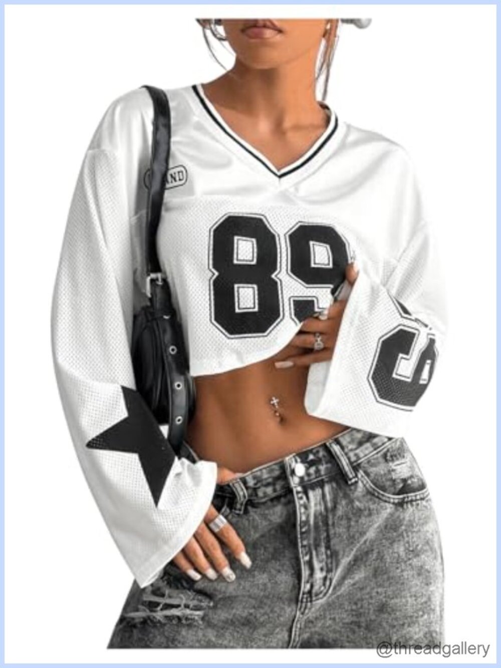 Womens Long Sleeve V Neck Graphic Crop Jersey Shirt Y2K Top